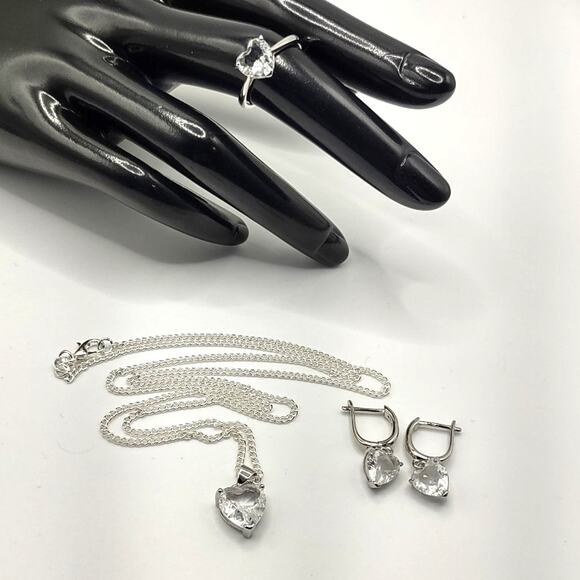 925 Silver Necklace Ring & Earring Set White CZ Diamond Heart Stones Valentines - Picture 6 of 10